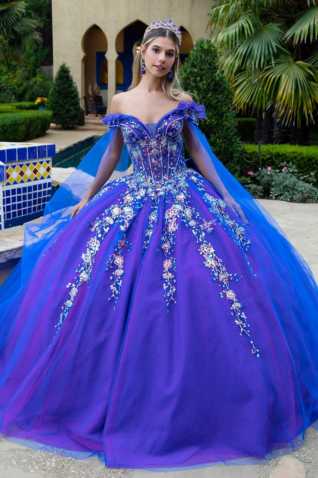Sweetheart neckline sequin pattern glitter mesh quinceanera dress w detachable bow GLGL3518