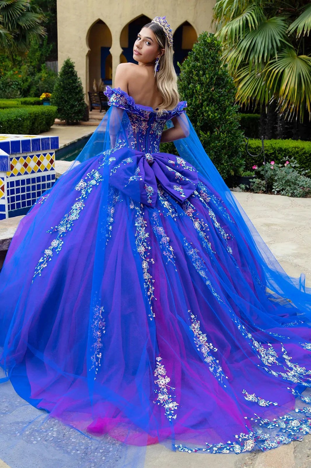 Sweetheart neckline sequin pattern glitter mesh quinceanera dress w detachable bow GLGL3518
