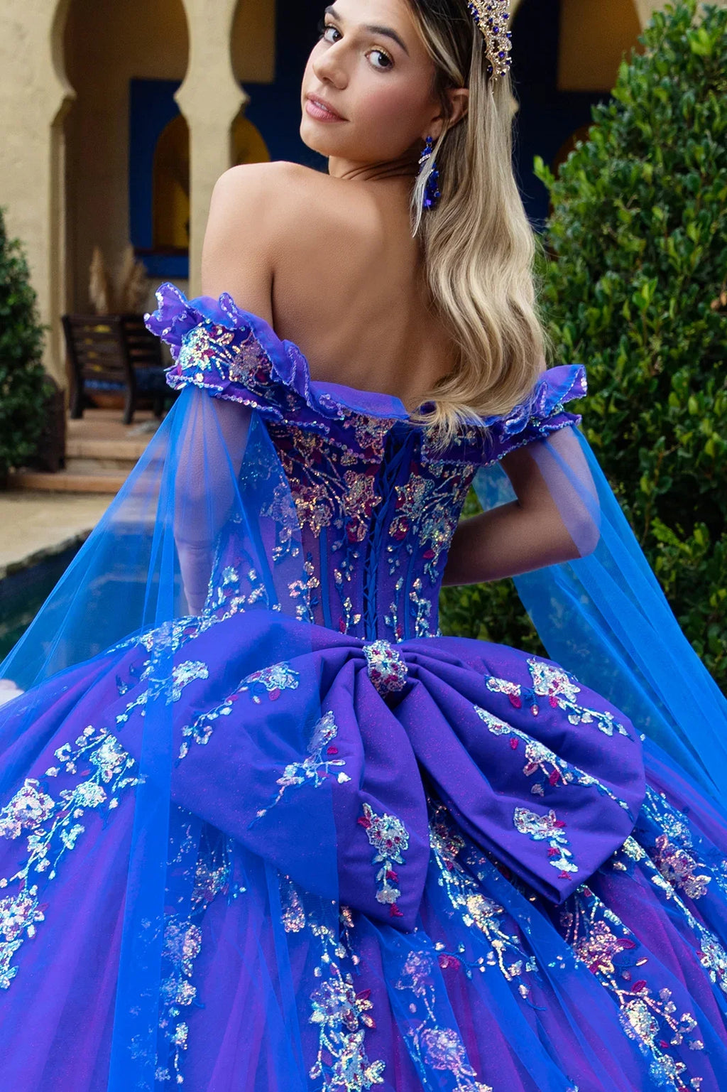Sweetheart neckline sequin pattern glitter mesh quinceanera dress w detachable bow GLGL3518