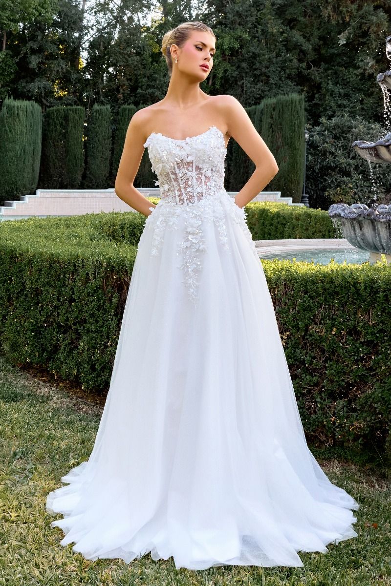 Strapless A-Line Off White Wedding Gown w/ Floral Embellished Corset Bodice & Layered Skirt CDC174W
