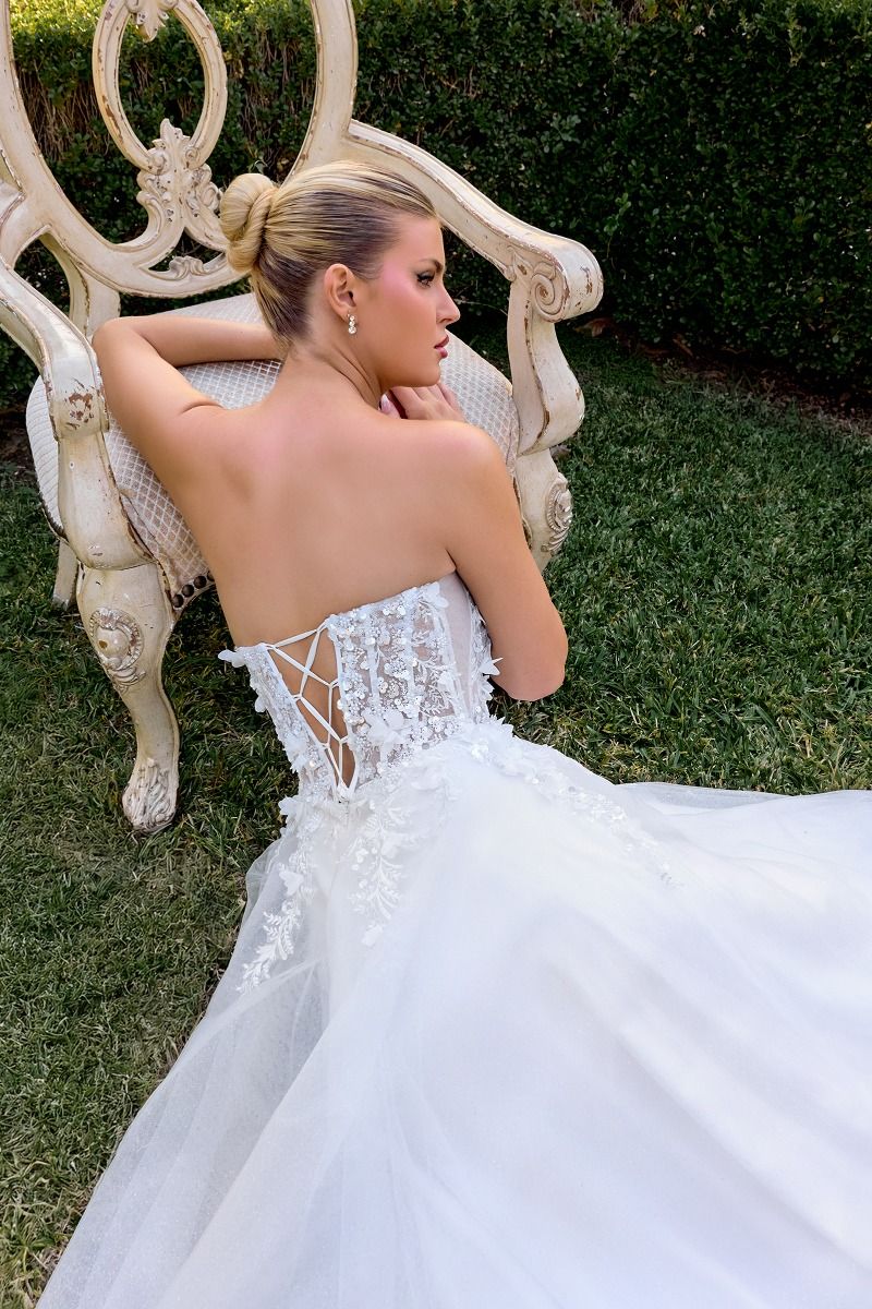 Strapless A-Line Off White Wedding Gown w/ Floral Embellished Corset Bodice & Layered Skirt CDC174W