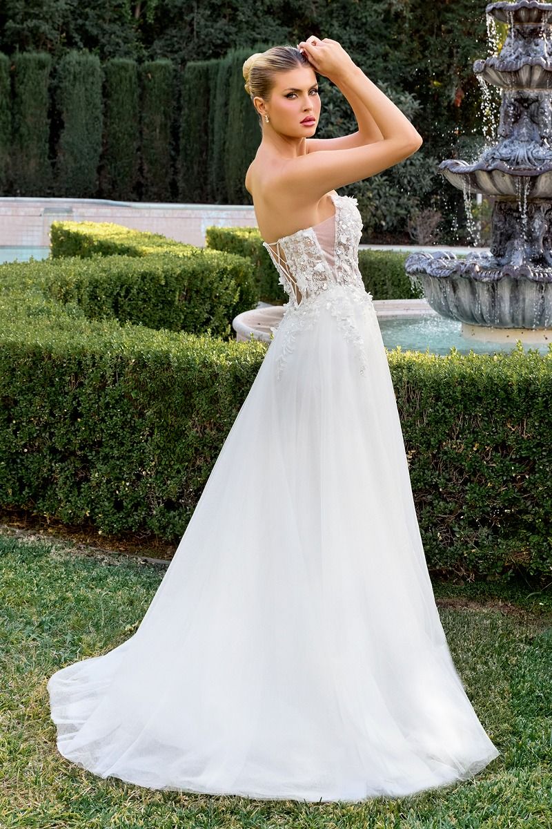 Strapless A-Line Off White Wedding Gown w/ Floral Embellished Corset Bodice & Layered Skirt CDC174W