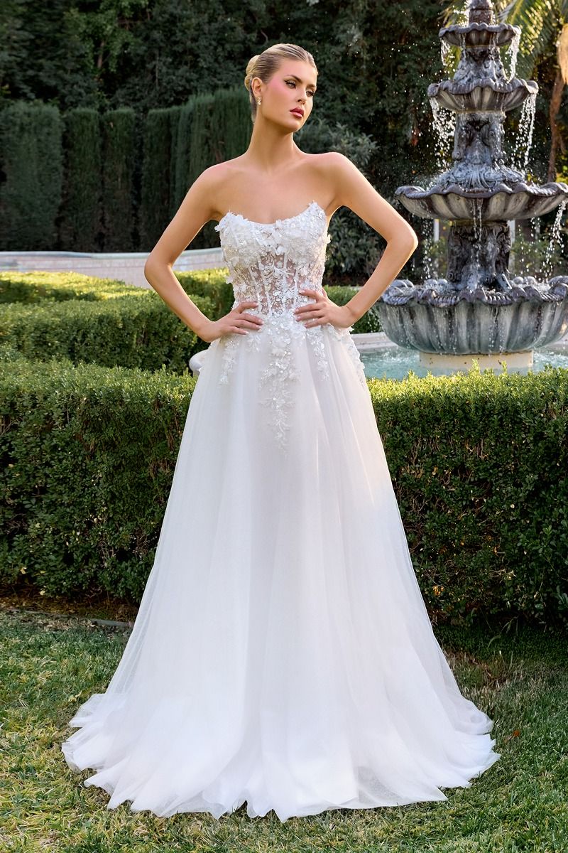 Strapless A-Line Off White Wedding Gown w/ Floral Embellished Corset Bodice & Layered Skirt CDC174W
