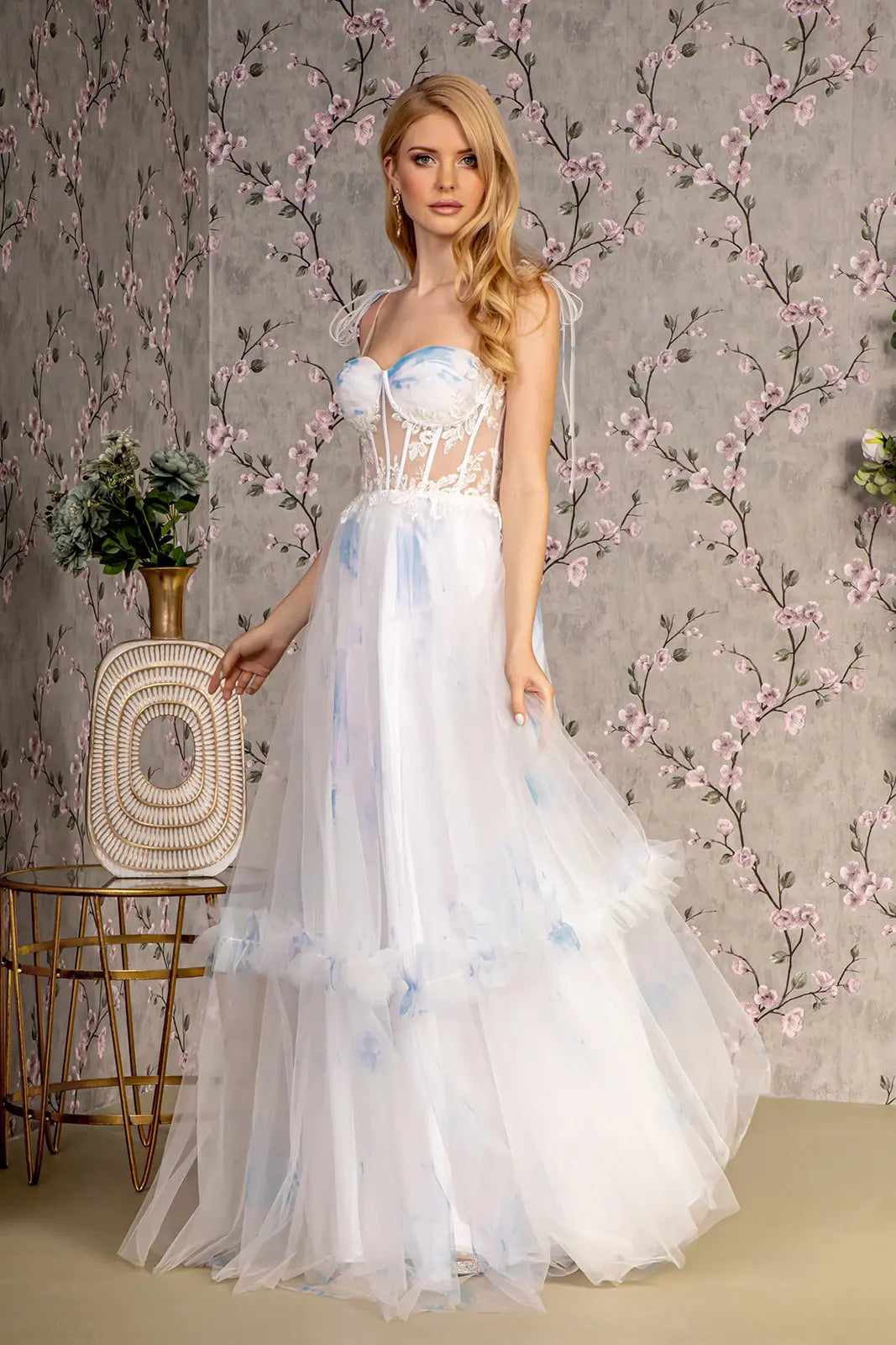 Embroidery bead tied shoulder mesh a line long dress GLGL3208