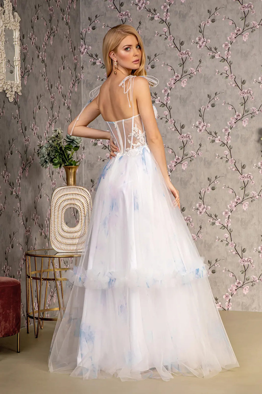 Embroidery bead tied shoulder mesh a line long dress GLGL3208