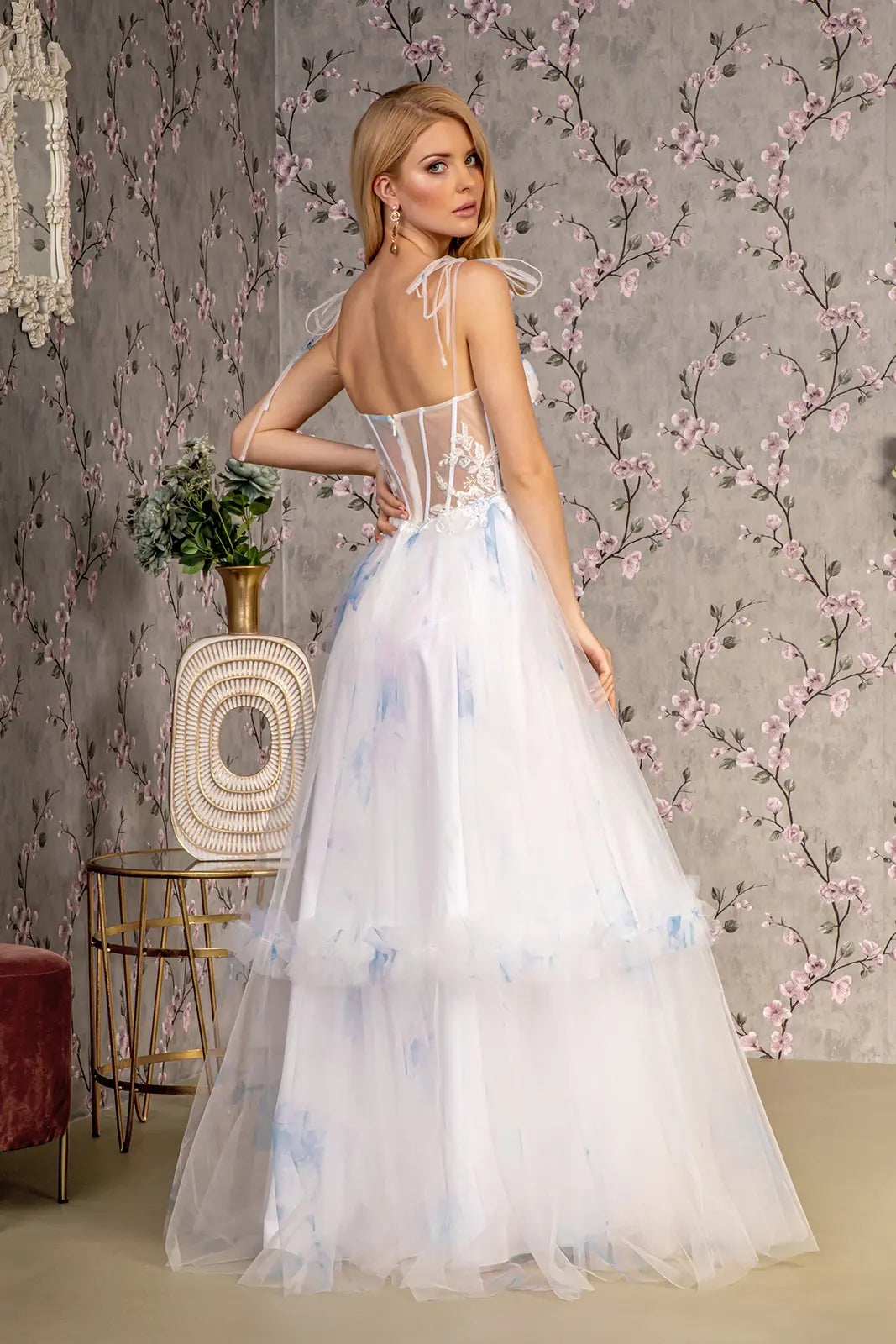 Embroidery bead tied shoulder mesh a line long dress GLGL3208