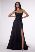 Strapless A-Line Sparkling Floor Length Dress w/ Elegant Leg Slit & Pleated Bodice CDT701