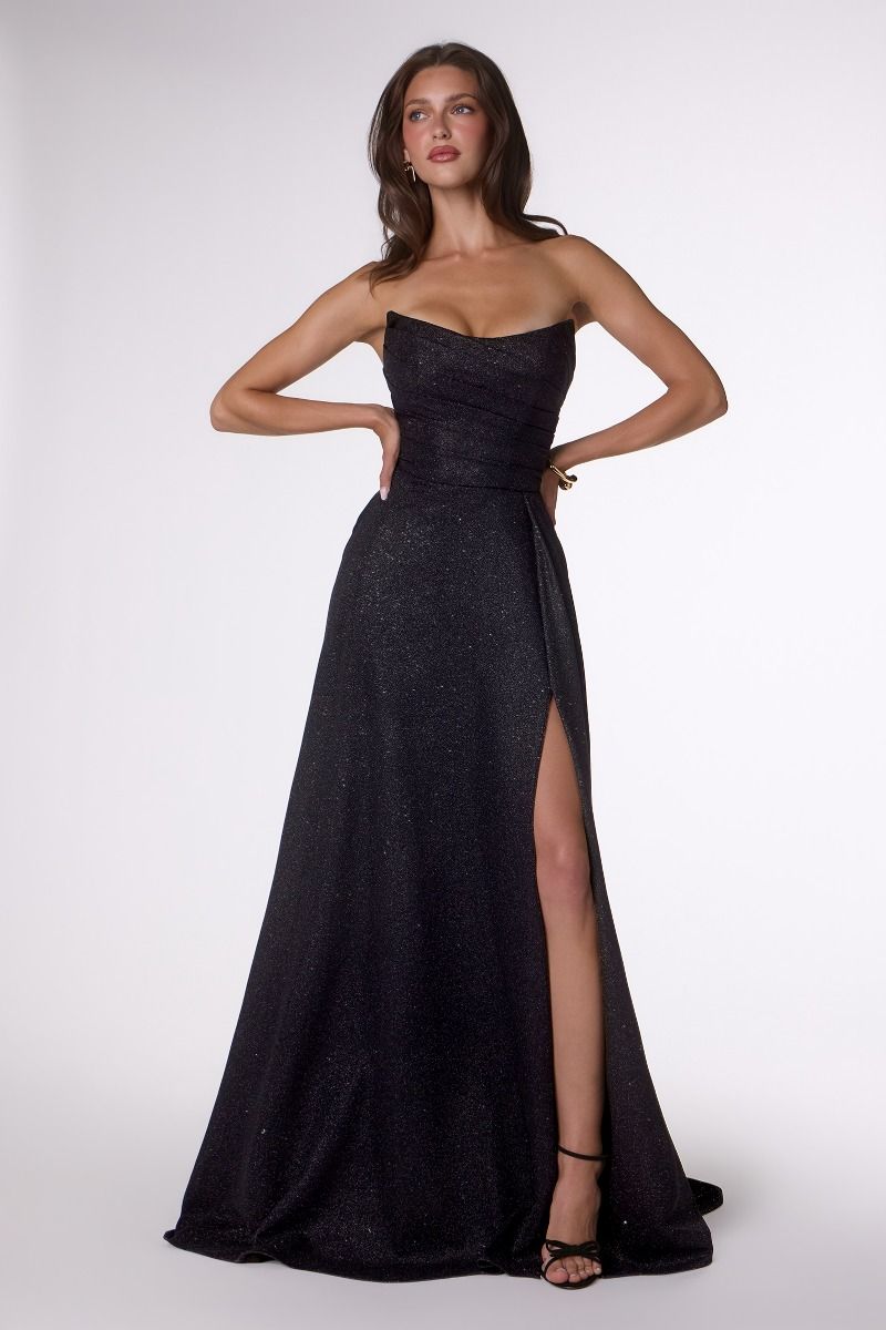 Strapless A-Line Sparkling Floor Length Dress w/ Elegant Leg Slit & Pleated Bodice CDT701