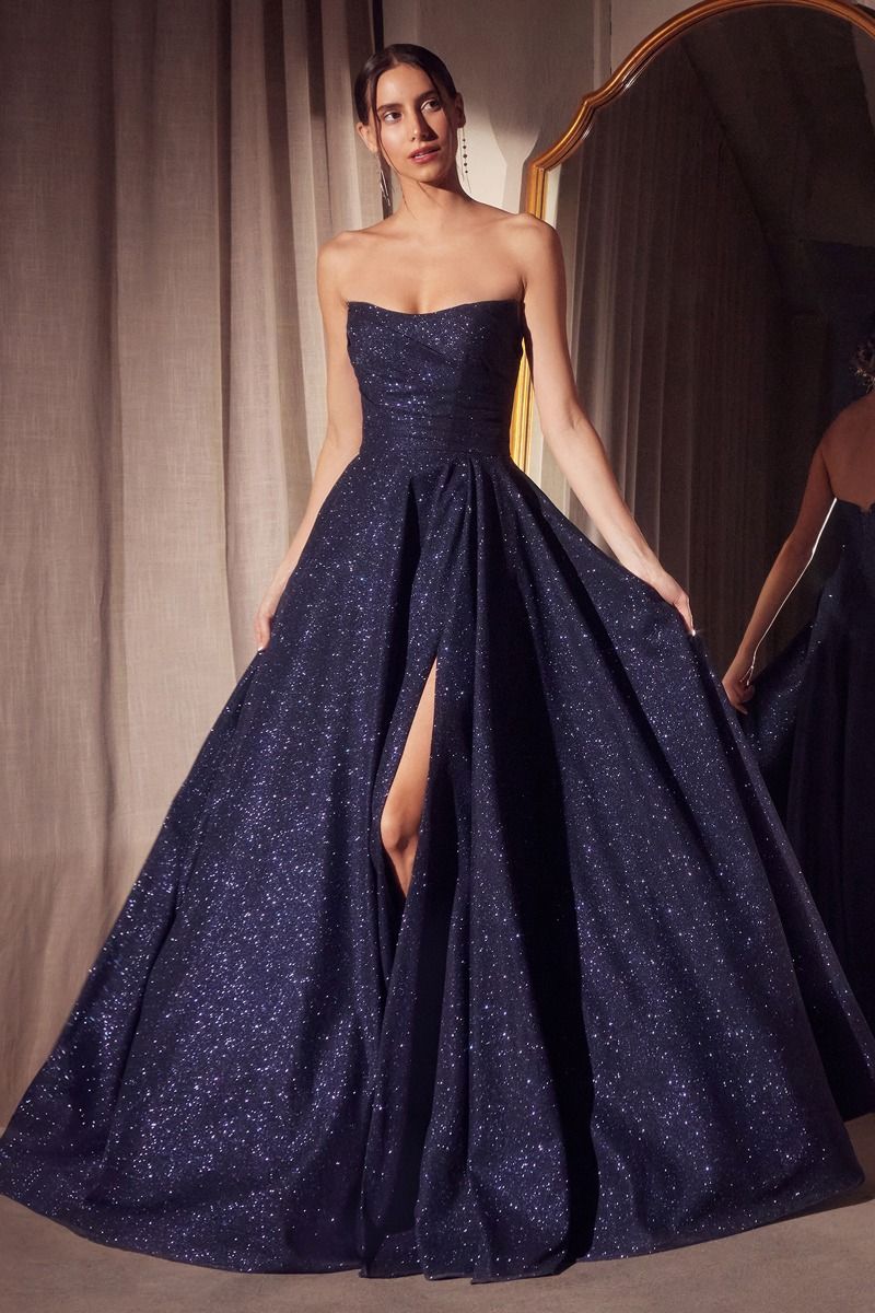 Strapless A-Line Sparkling Floor Length Dress w/ Elegant Leg Slit & Pleated Bodice CDT701