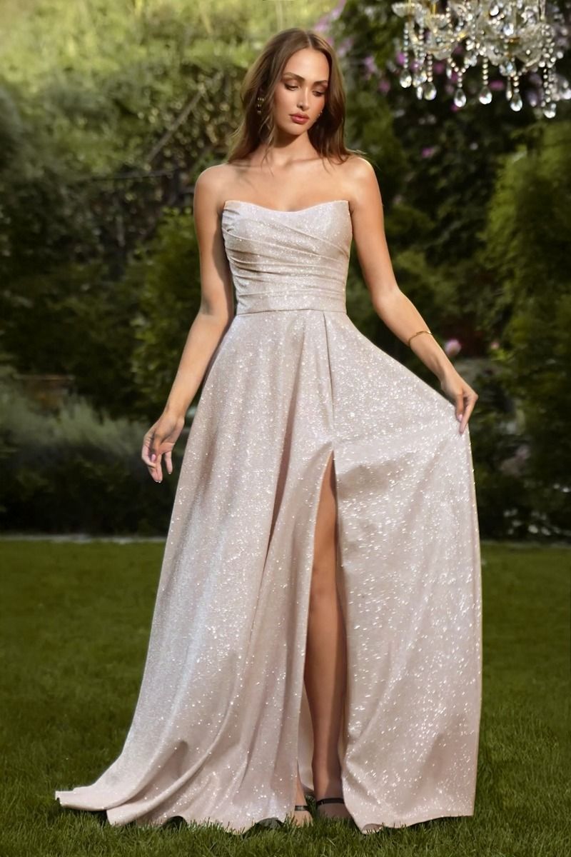 Strapless A-Line Sparkling Floor Length Dress w/ Elegant Leg Slit & Pleated Bodice CDT701