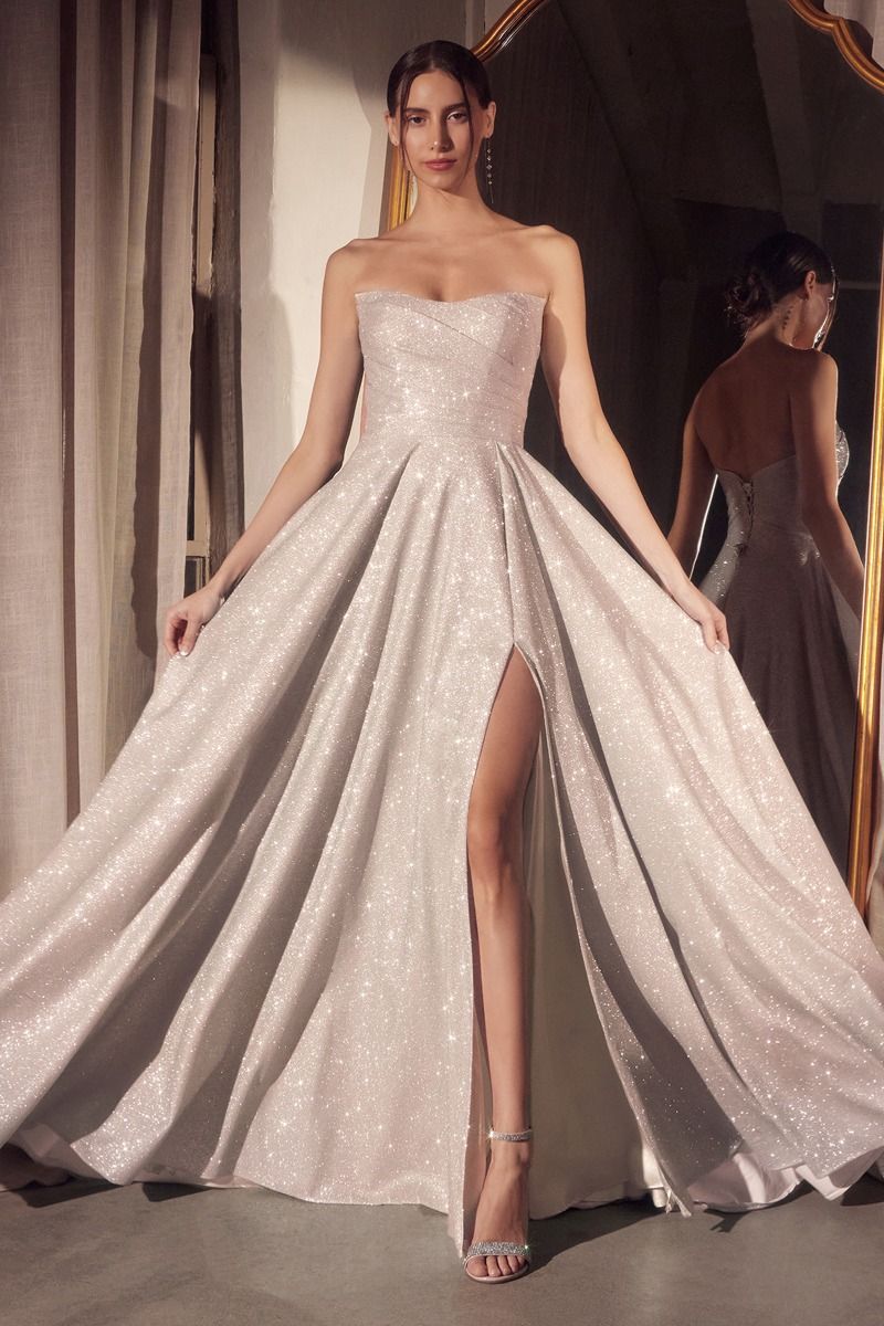 Strapless A-Line Sparkling Floor Length Dress w/ Elegant Leg Slit & Pleated Bodice CDT701