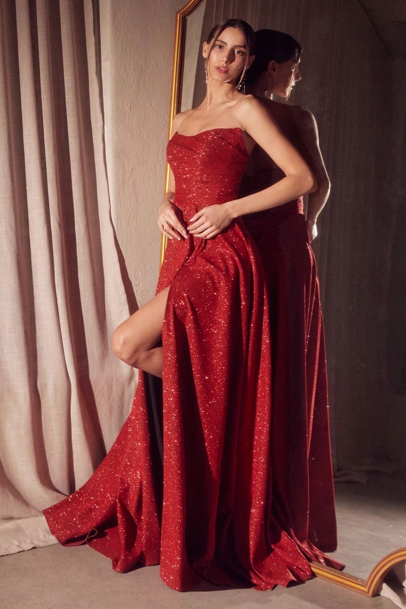 Strapless A-Line Sparkling Floor Length Dress w/ Elegant Leg Slit & Pleated Bodice CDT701