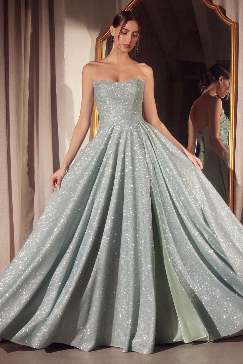 Strapless A-Line Sparkling Floor Length Dress w/ Elegant Leg Slit & Pleated Bodice CDT701